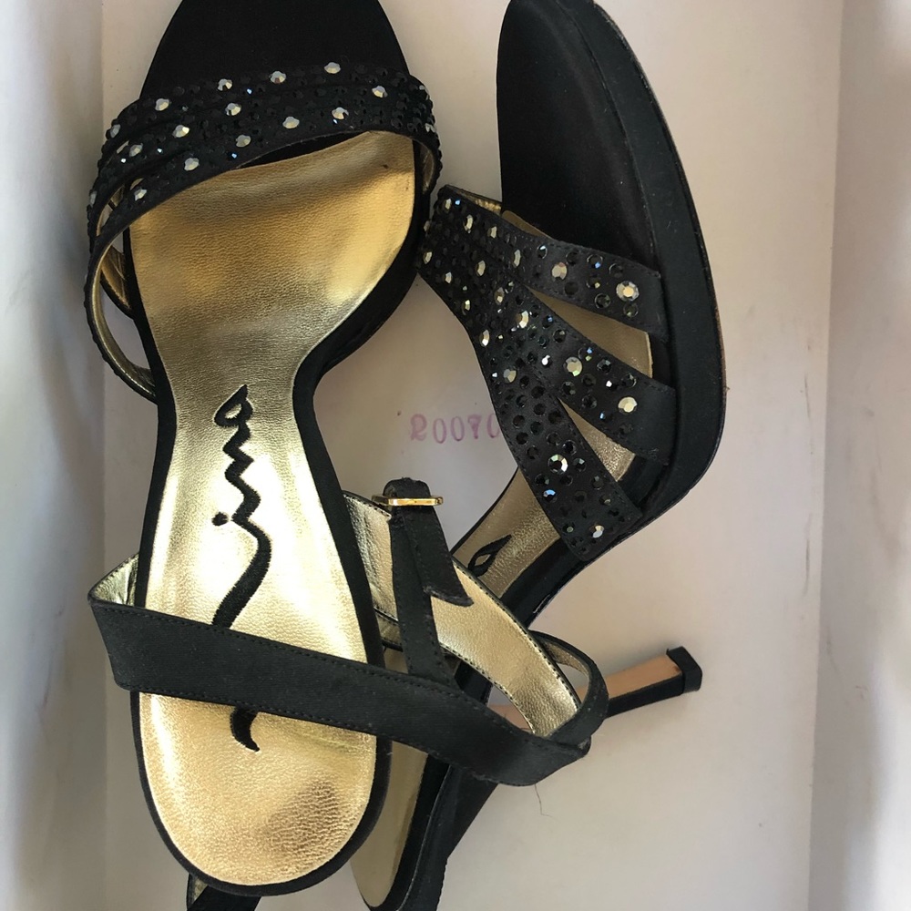 Nina Gideon rhinestone blk satin/silk heels, NICE - Picture 6 of 6